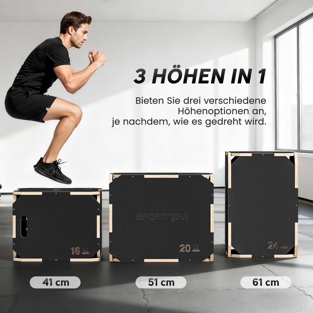 3-σε-1 plyo box, jump box με ανοίγματα λαβής, για γυμναστική στο σπίτι και υπαίθριες προπονήσεις, 3 ύψη άλματος, ξύλο, μαύρο