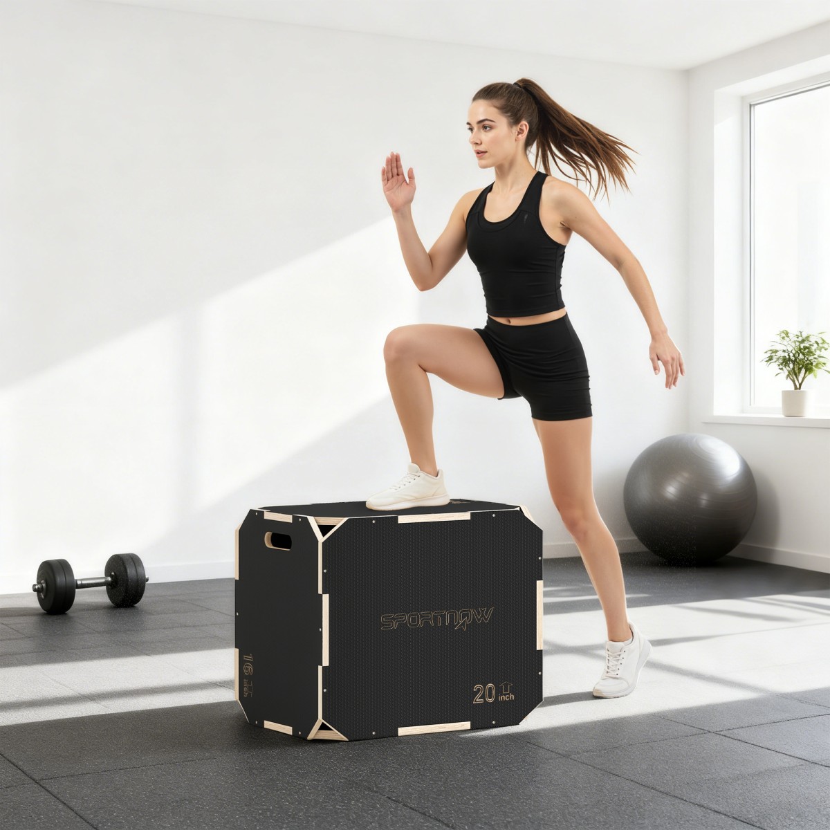 3-σε-1 plyo box, jump box με ανοίγματα λαβής, για γυμναστική στο σπίτι και υπαίθριες προπονήσεις, 3 ύψη άλματος, ξύλο, μαύρο