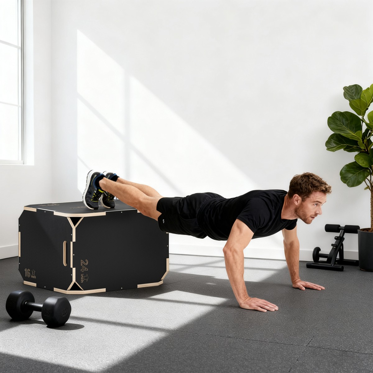 3-σε-1 plyo box, jump box με ανοίγματα λαβής, για γυμναστική στο σπίτι και υπαίθριες προπονήσεις, 3 ύψη άλματος, ξύλο, μαύρο