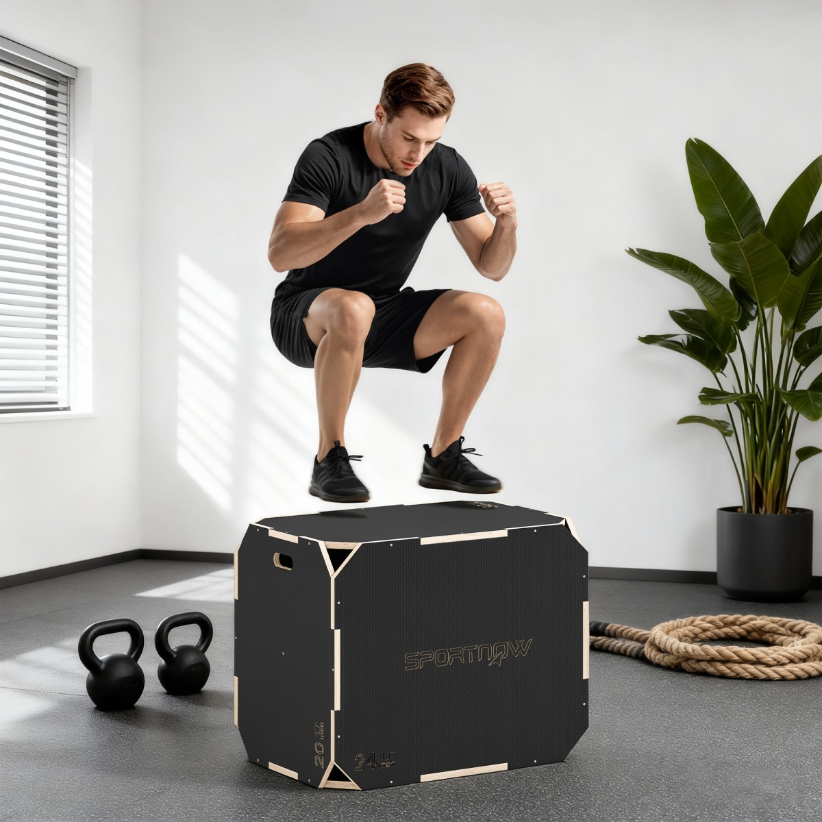 3-σε-1 plyo box, jump box με ανοίγματα λαβής, για γυμναστική στο σπίτι και υπαίθριες προπονήσεις, 3 ύψη άλματος, ξύλο, μαύρο