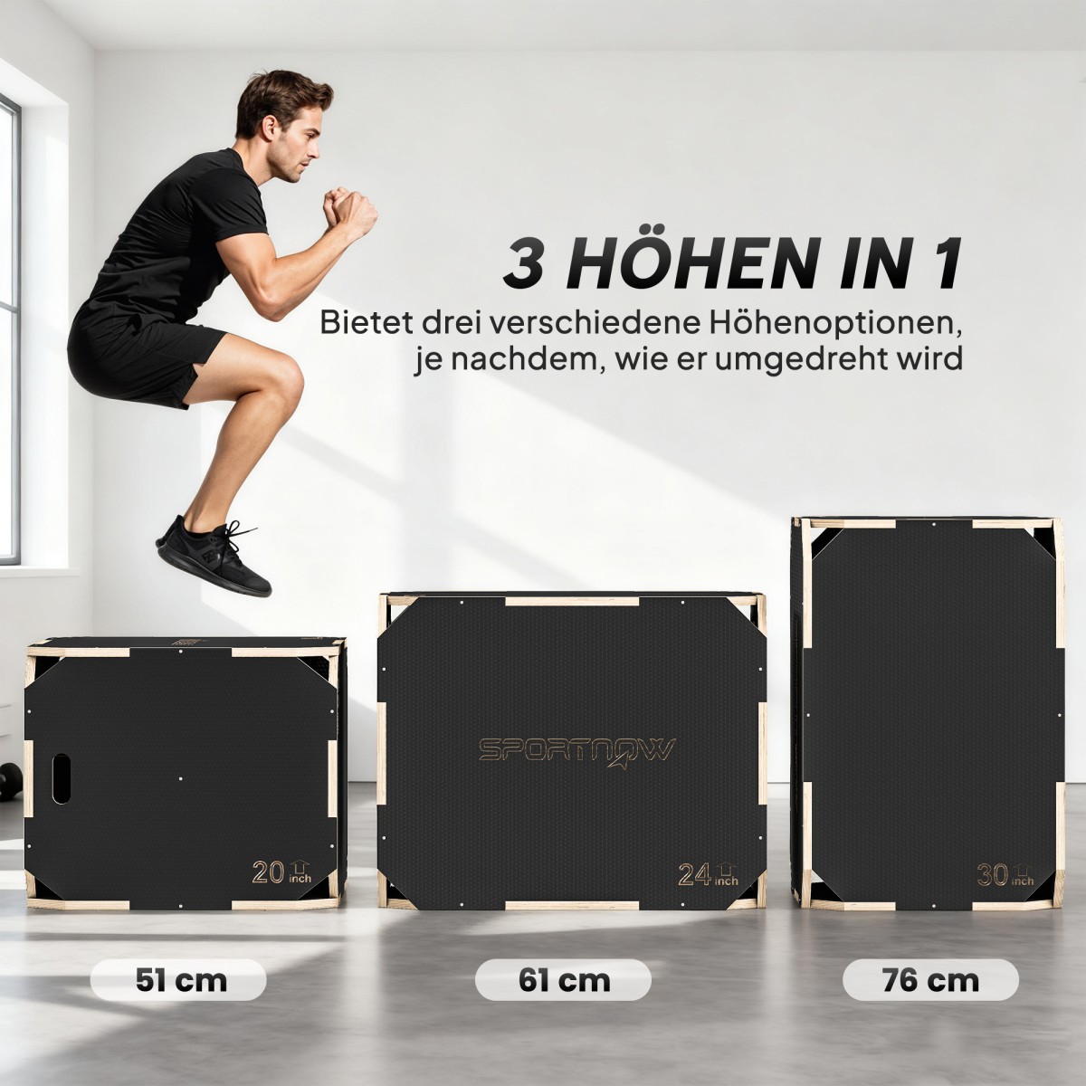 3-σε-1 plyo box, jump box με ανοίγματα λαβής, για γυμναστική στο σπίτι και υπαίθριες προπονήσεις, 3 ύψη άλματος, ξύλο, μαύρο