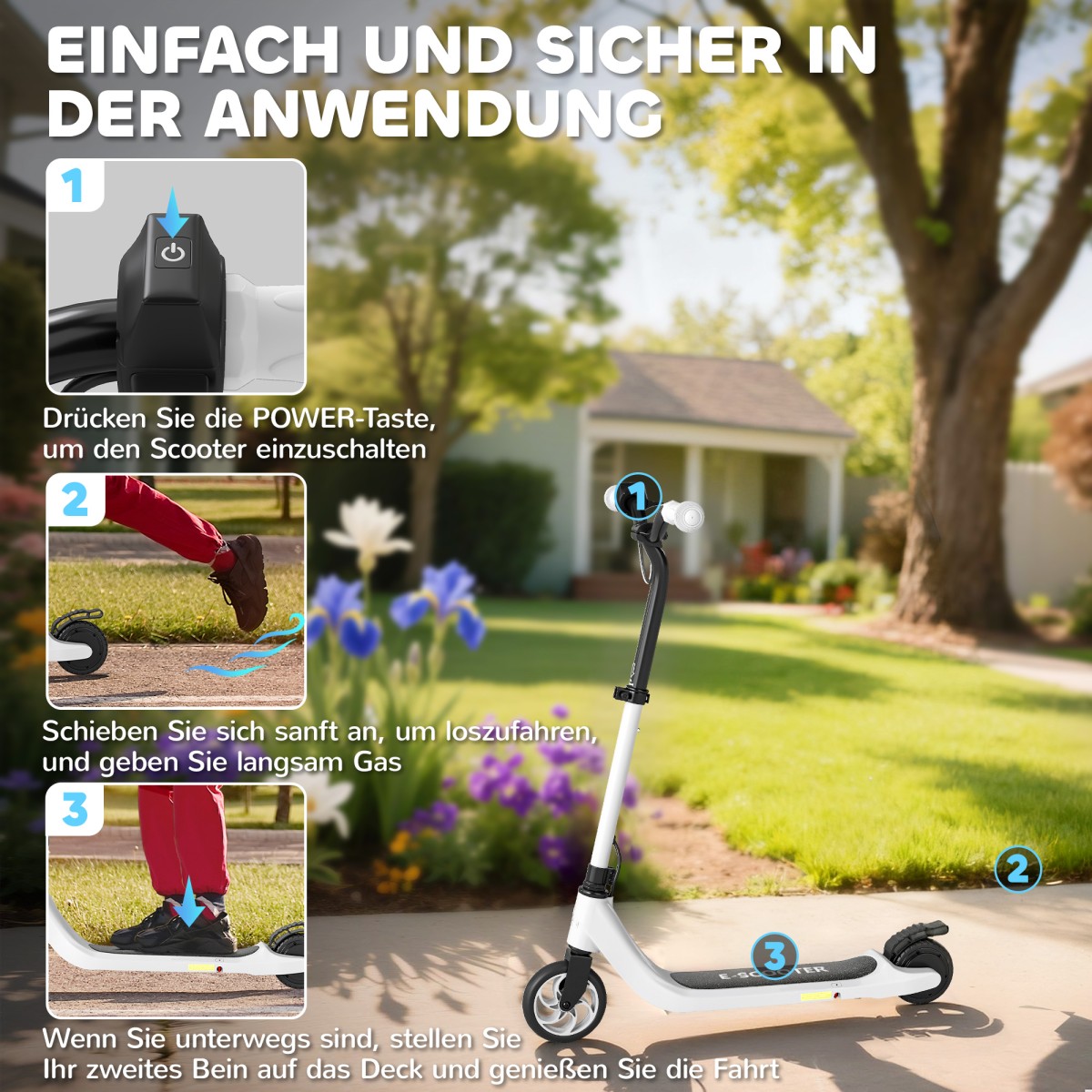 E-scooter, ηλεκτρικό kick scooter, αυτονομία 6 km, ηλικίας 6 ετών και άνω, ατσάλινο πλαίσιο, μαύρο+άσπρο, 76 x 53 x 95 cm