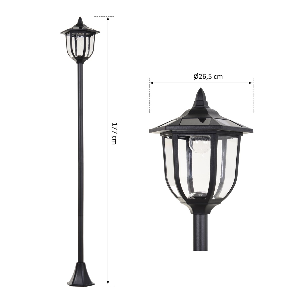 Ηλιακό φανάρι κήπου LED, πλαστικό φανάρι, φωτιστικό εξωτερικού χώρου για εσωτερική και εξωτερική χρήση, ύψος 177 cm, φωτιστικό κήπου, 30/60 lumens, για διακόσμηση μπαλκονιού κήπου μαύρο