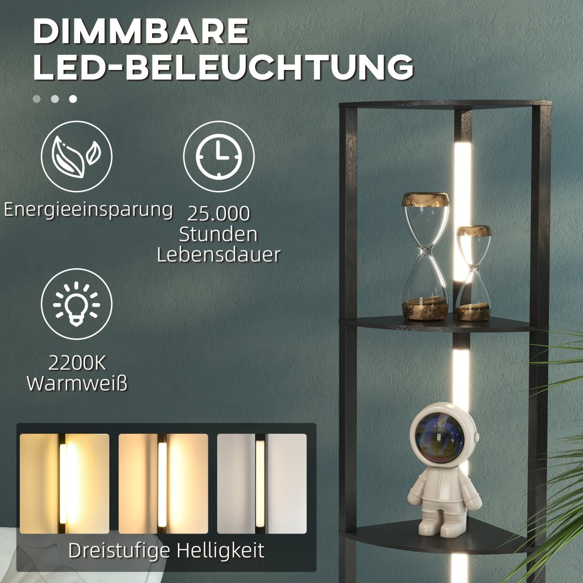 Φωτιστικό δαπέδου LED, γωνιακό ράφι, ρυθμιζόμενο, 4 ράφια, ζεστό λευκό φως, 41x30x164 cm, μαύρο