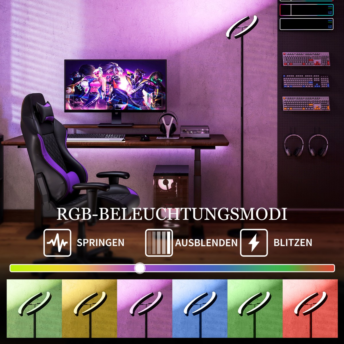 Φωτιστικό δαπέδου RGB, ρυθμιζόμενο φωτιστικό με επιλογές πολύχρωμου φωτισμού, περιστρεφόμενο, μαύρο
