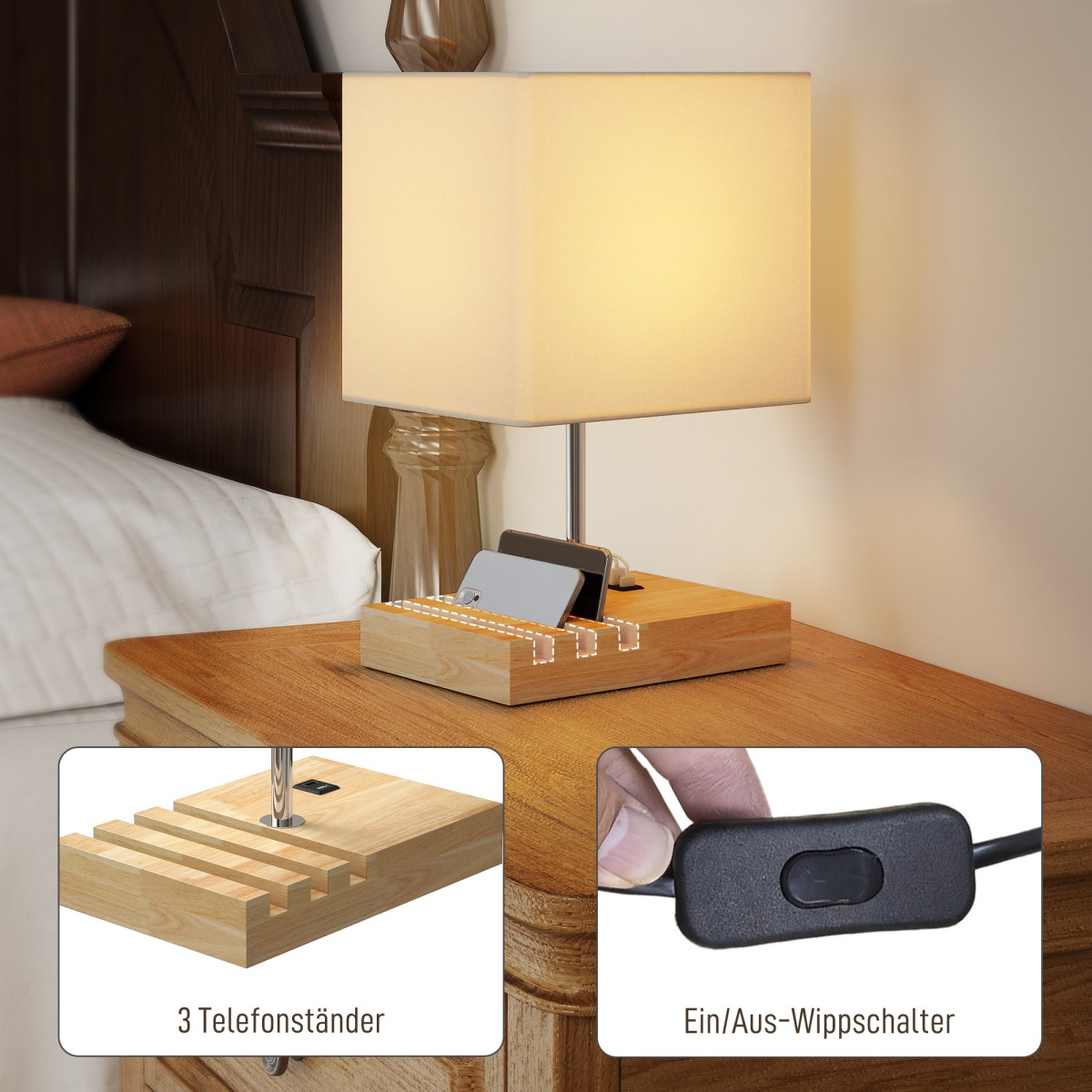 Φωτιστικό κομοδίνου, θύρες USB, ξύλο, ύφασμα, rocker switch, αποθηκευτικοί χώροι, λευκό