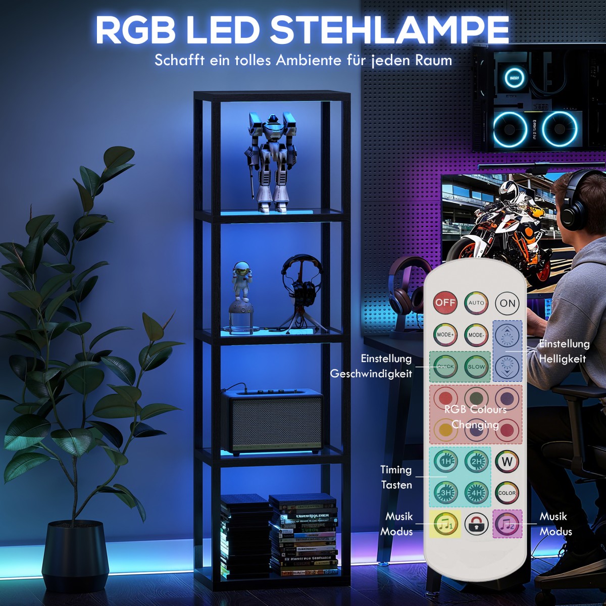 Φωτιστικό δαπέδου RGB με γυάλινα ράφια, φωτιστικό δαπέδου LED 4 επιπέδων με τηλεχειριστήριο, συγχρονισμός μουσικής, μαύρο