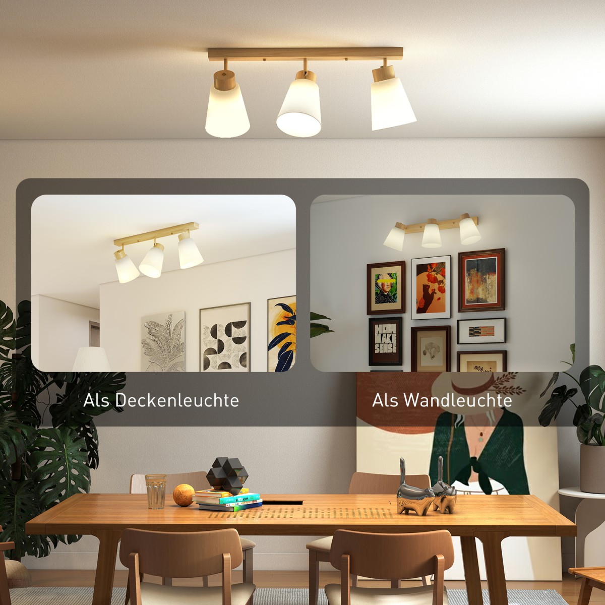 Φωτιστικό οροφής LED 40W φωτιστικό οροφής με διπλή τοποθέτηση και ρυθμιζόμενες κεφαλές 90° με 3 υποδοχές E27 φυσικό ξύλο