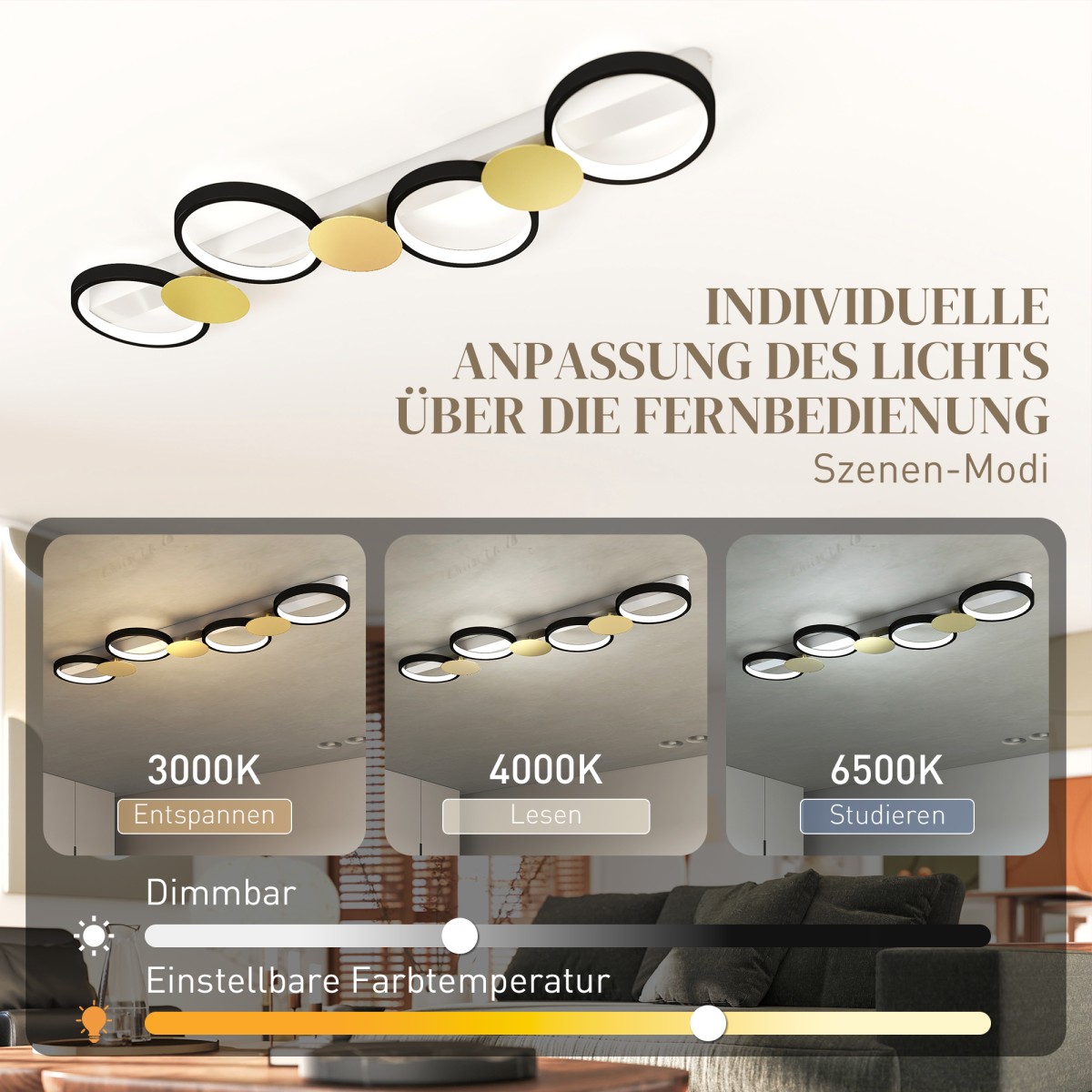 Φωτιστικό οροφής LED 38W 1500LM 3000K-6500K φωτιστικό οροφής φωτιστικό σαλονιού με τηλεχειριστήριο 4 λαμπτήρων μαύρο + χρυσό