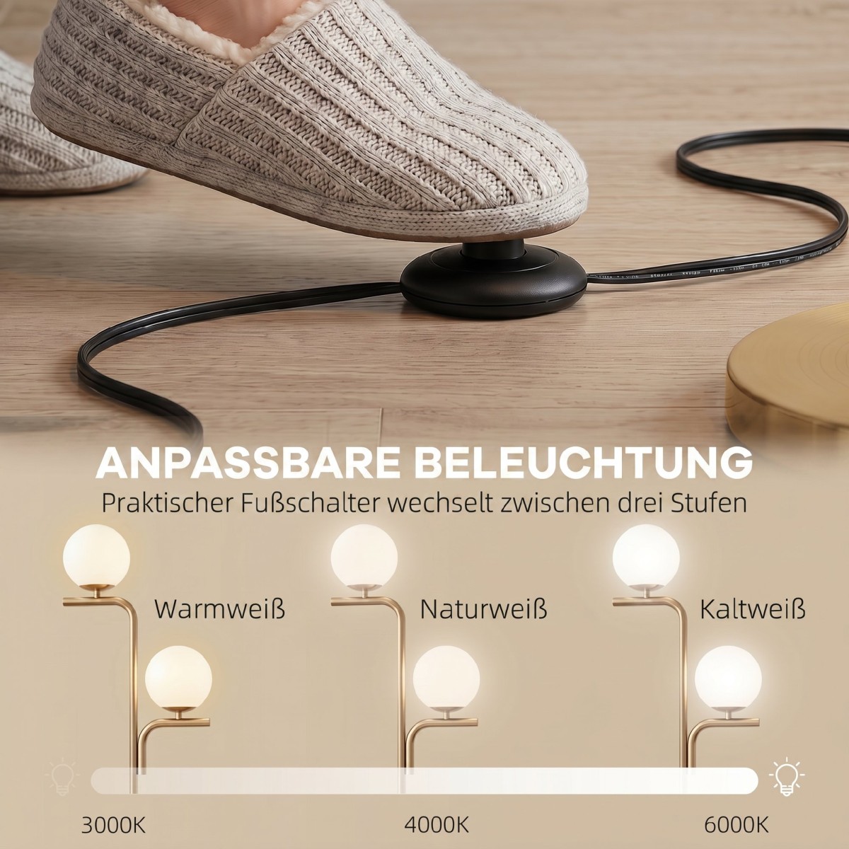 Φωτιστικό δαπέδου LED, μοντέρνο φωτιστικό με 3 θερμοκρασίες χρώματος, γυάλινες μπάλες και ποδοδιακόπτης, χρυσό
