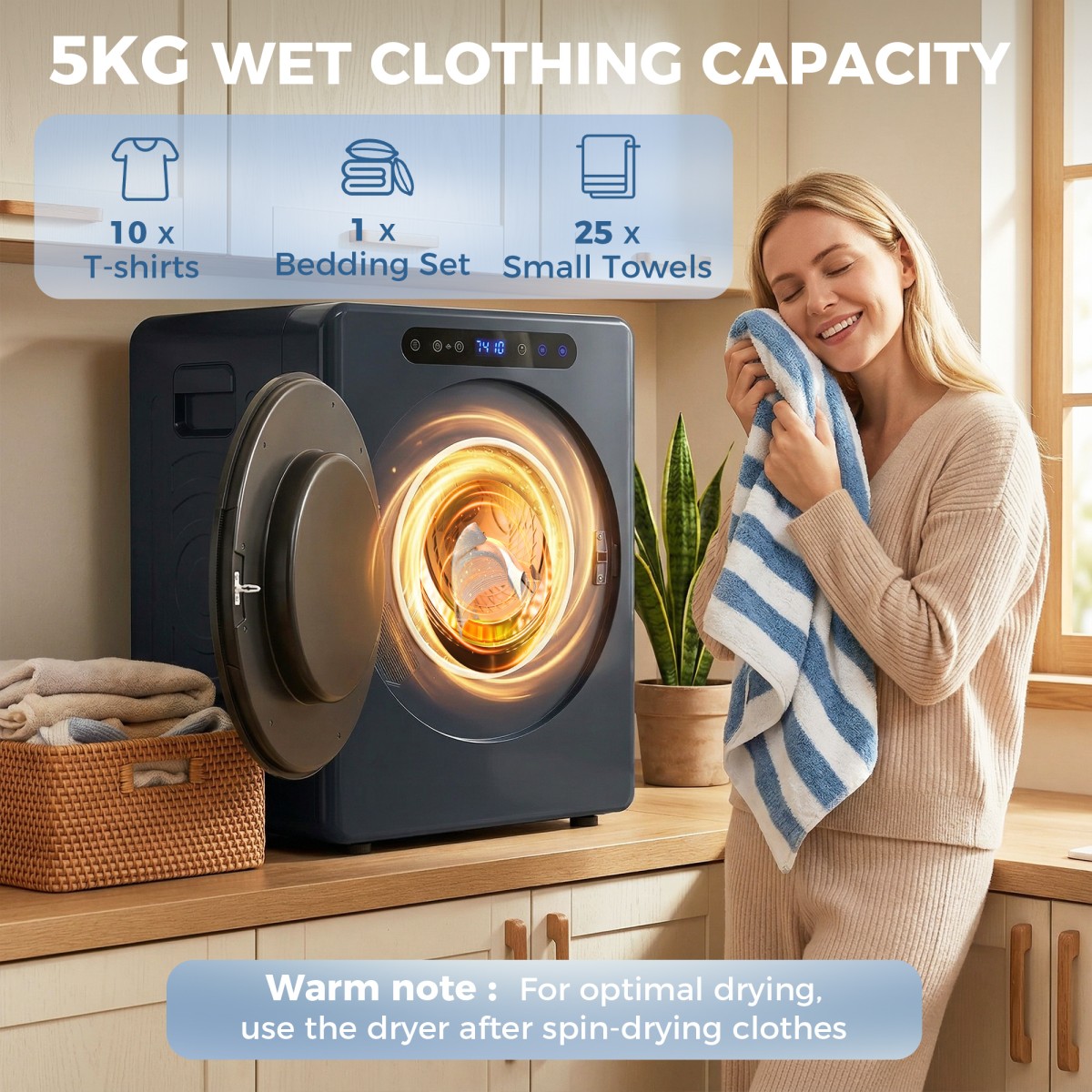 Στεγνωτήριο εξάτμισης 5kg, 1000W Συμπαγές, ανεξάρτητο στεγνωτήριο μπροστινής φόρτωσης με τύμπανο από ανοξείδωτο χάλυβα, χρονοδιακόπτης, μπλε