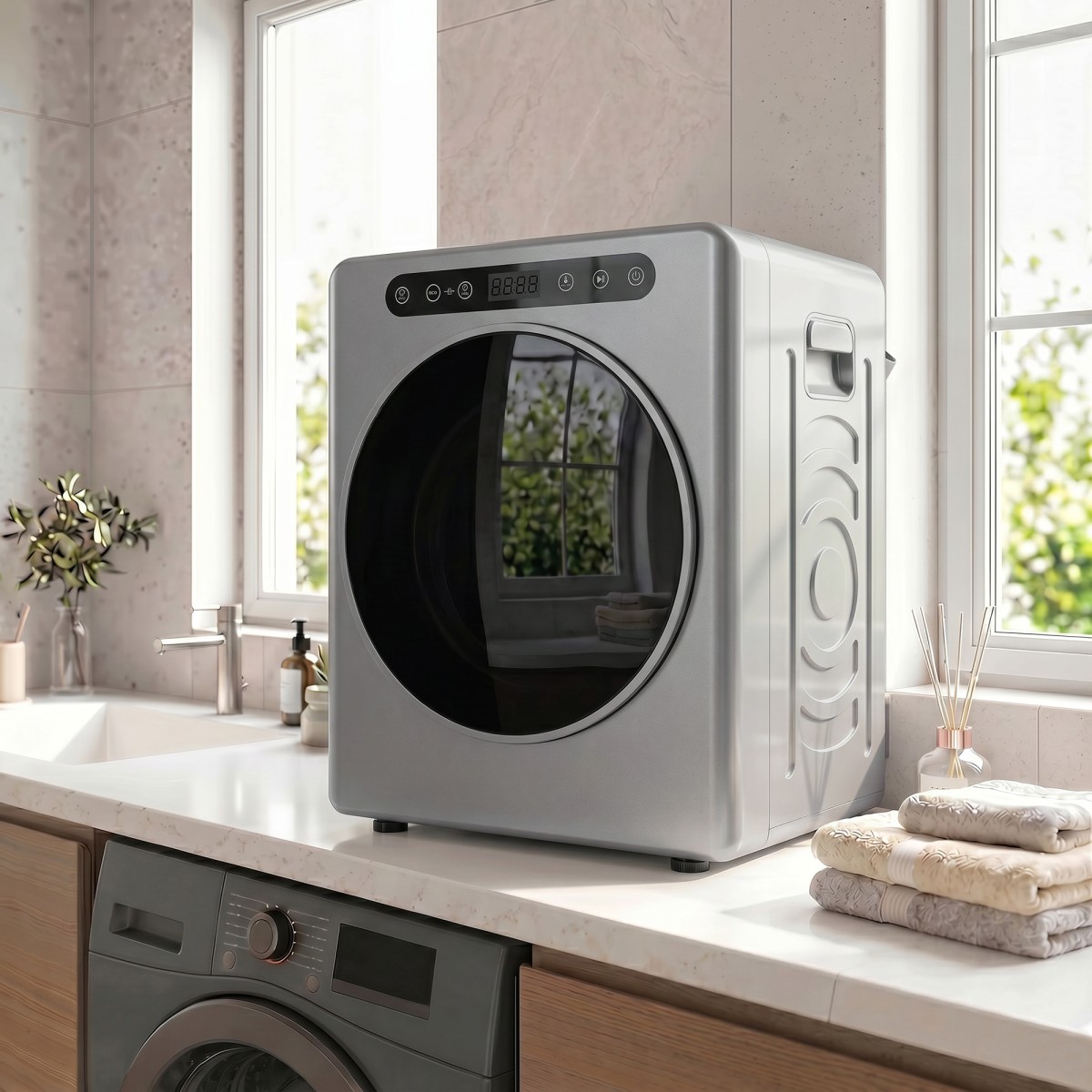 Στεγνωτήριο 5 κιλών εξάτμισης, 1000W Συμπαγές, ανεξάρτητο στεγνωτήριο μπροστινής φόρτωσης με τύμπανο από ανοξείδωτο χάλυβα, χρονοδιακόπτης, ασημί