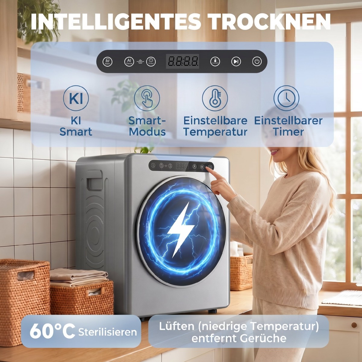 Στεγνωτήριο 5 κιλών εξάτμισης, 1000W Συμπαγές, ανεξάρτητο στεγνωτήριο μπροστινής φόρτωσης με τύμπανο από ανοξείδωτο χάλυβα, χρονοδιακόπτης, ασημί