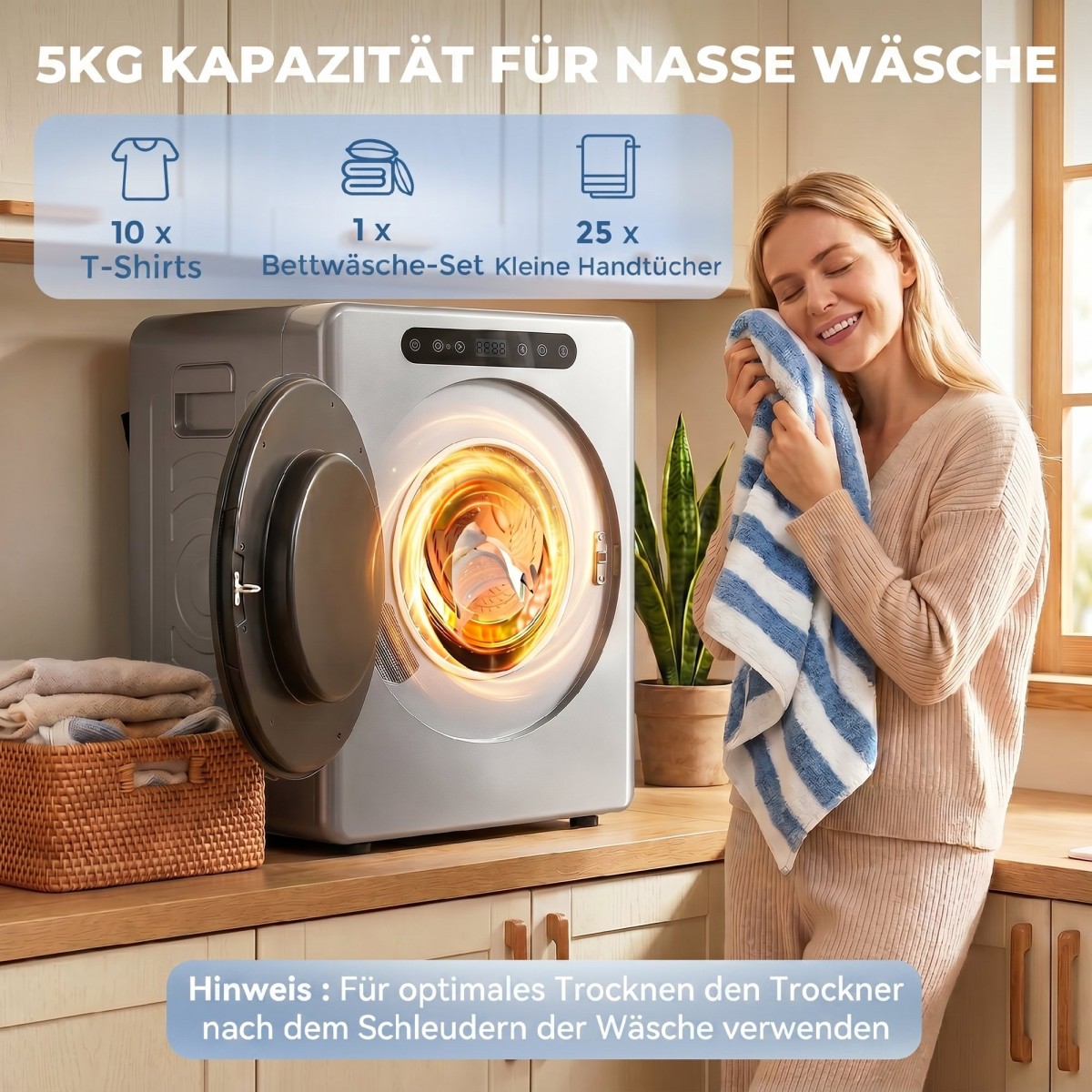 Στεγνωτήριο 5 κιλών εξάτμισης, 1000W Συμπαγές, ανεξάρτητο στεγνωτήριο μπροστινής φόρτωσης με τύμπανο από ανοξείδωτο χάλυβα, χρονοδιακόπτης, ασημί