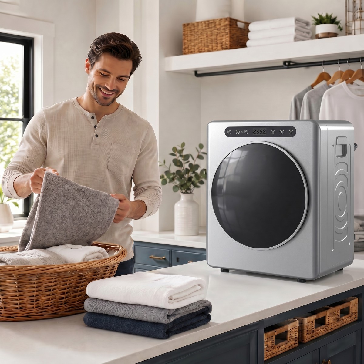 Στεγνωτήριο 5 κιλών εξάτμισης, 1000W Συμπαγές, ανεξάρτητο στεγνωτήριο μπροστινής φόρτωσης με τύμπανο από ανοξείδωτο χάλυβα, χρονοδιακόπτης, ασημί