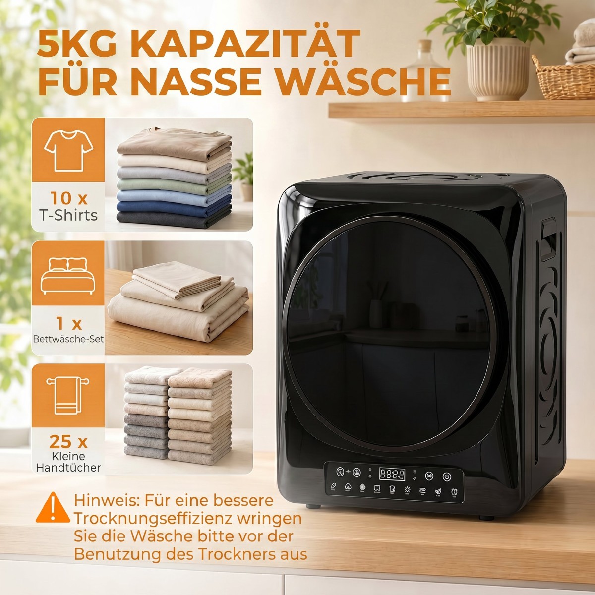 Συμπαγές στεγνωτήριο εξάτμισης 1000W με λειτουργίες Extra Dry & ECO, χρονοδιακόπτη και ρυθμίσεις θερμοκρασίας, μαύρο