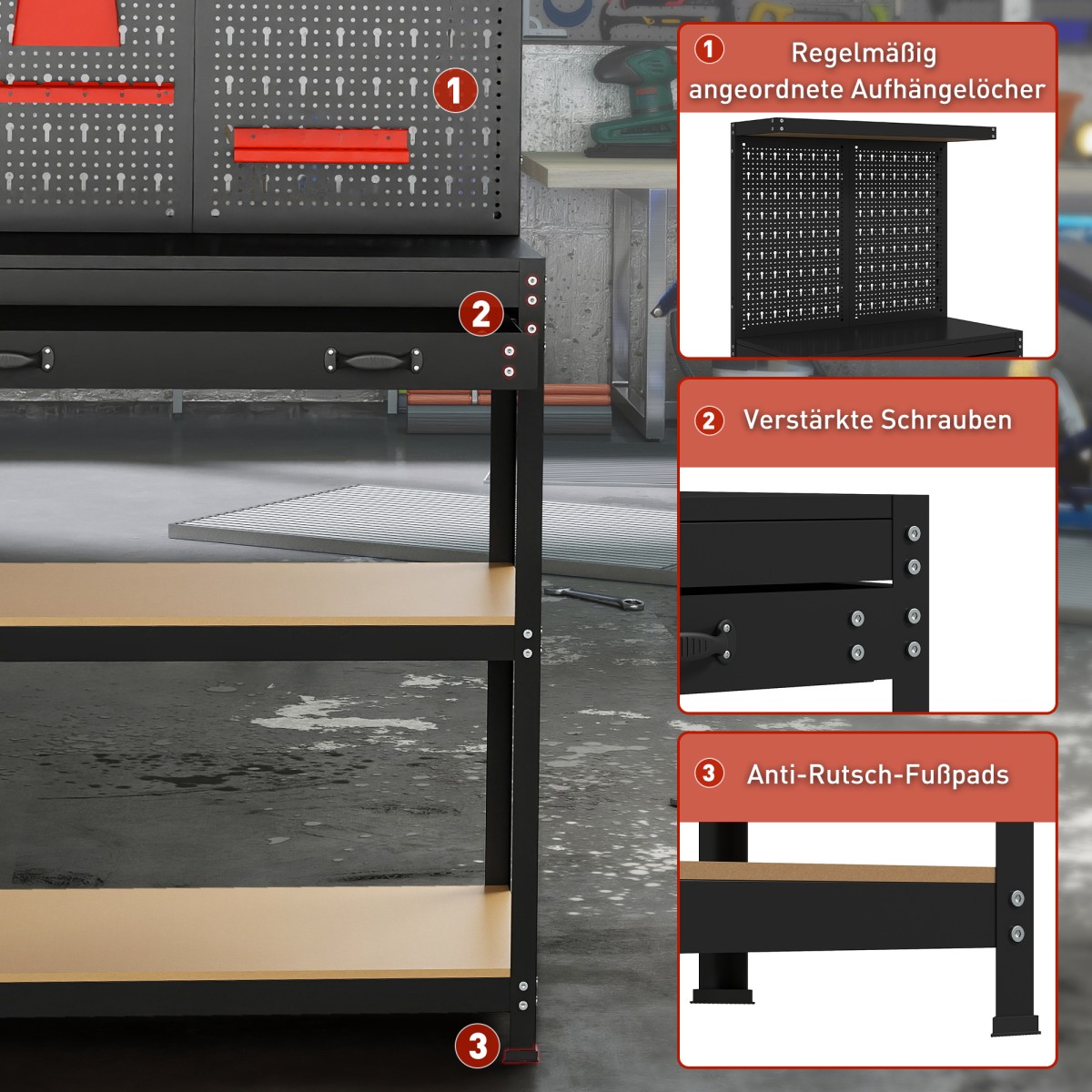 Πάγκος εργασίας 80 x 40,5 x 155 cm Πάγκος εργαλείων με διάτρητο τοίχο, γάντζους, συρτάρι, 2 ράφια εργαστηρίου μαύρο
