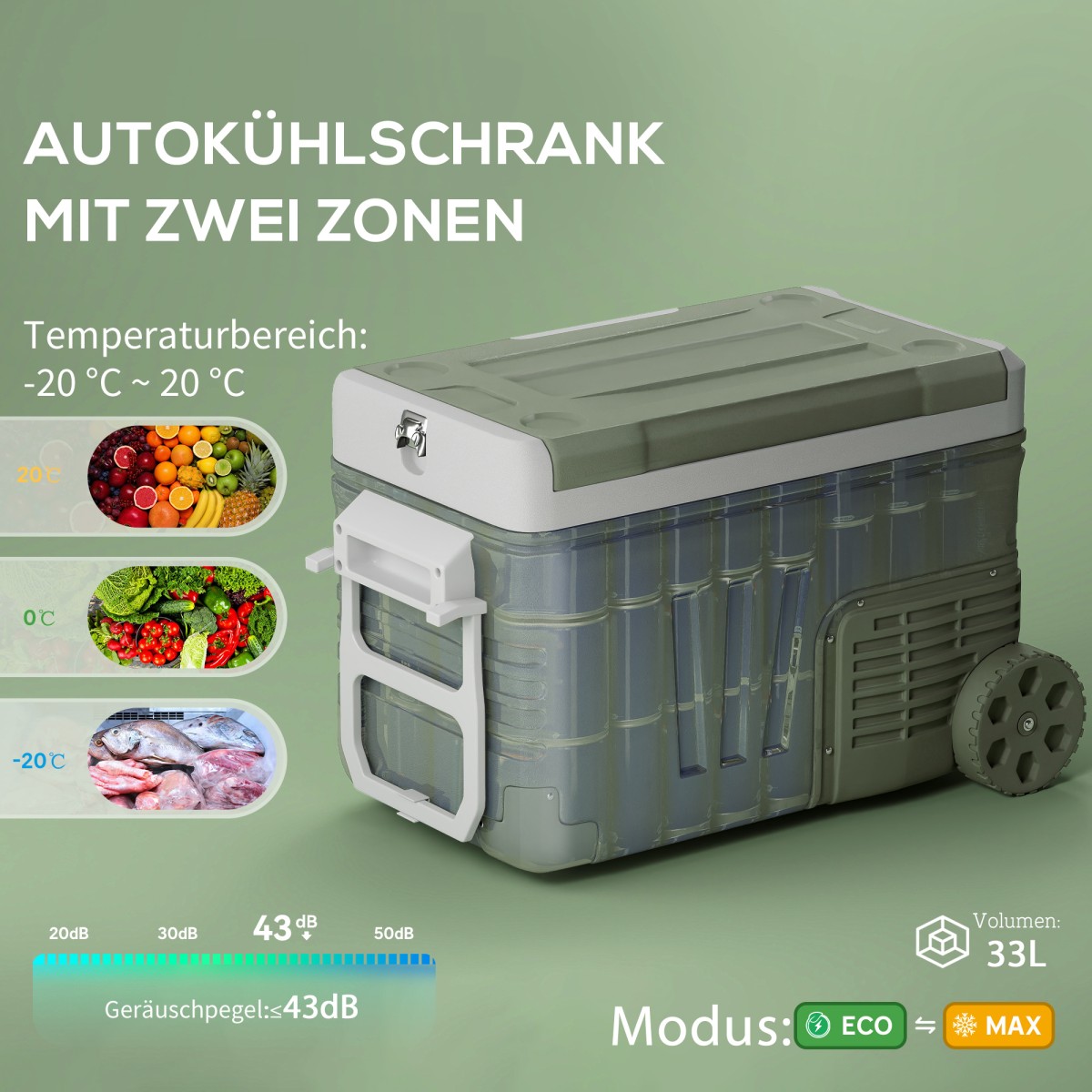 Ψυγείο 33L Camping Travel Cooler Φορητό ψυγείο αυτοκινήτου με 2 διαμερίσματα και ρόδες πλαστικό πράσινο