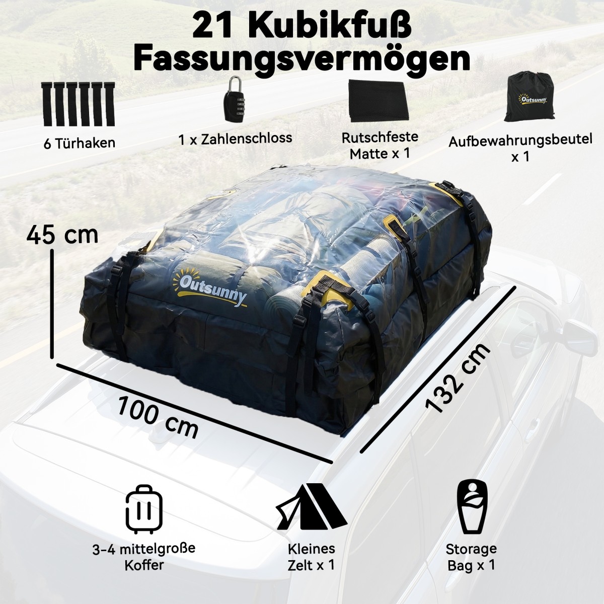 Car Roof Box 21 κυβικά πόδια Πτυσσόμενη αδιάβροχη σχάρα οροφής με αντιολισθητικό χαλάκι 10 ιμάντες βαρέως τύπου 6 γάντζοι πόρτας