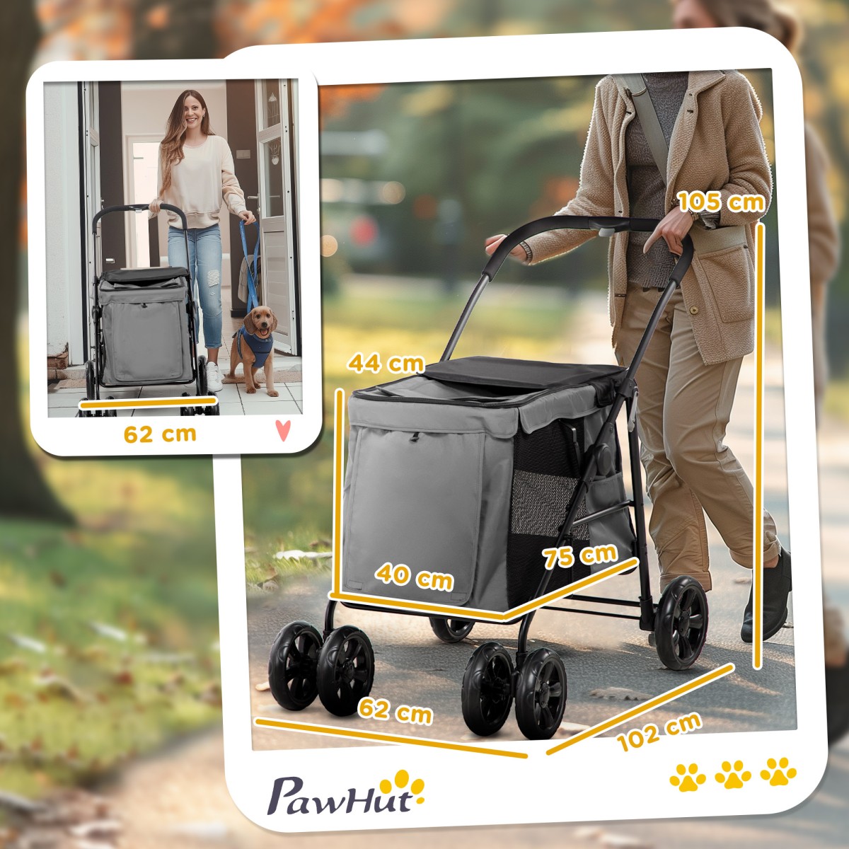 Dog Buggy Dog Cart έως 20 kg Πτυσσόμενες 3 πλαϊνές τσέπες 102 cm x 62 cm x 105 cm Γκρι