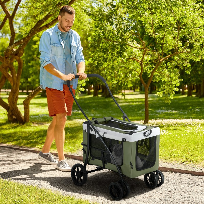 Dog Buggy Pet Buggy Dog Cart Πτυσσόμενο αφαιρούμενο καλάθι 81 x 58 x 97,5 cm Μαύρο + Σκούρο Πράσινο + Λευκό
