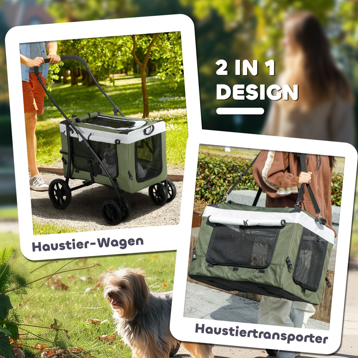 Dog Buggy Pet Buggy Dog Cart Πτυσσόμενο αφαιρούμενο καλάθι 81 x 58 x 97,5 cm Μαύρο + Σκούρο Πράσινο + Λευκό