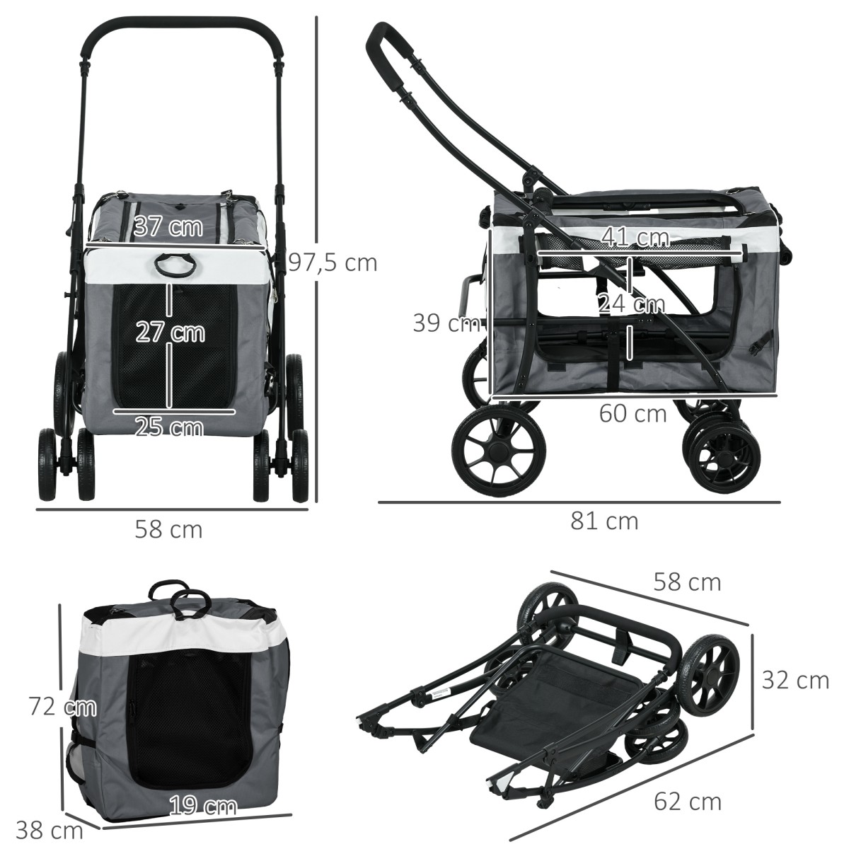 Buggy για σκύλους κατοικίδιο ζώο καροτσάκι έως 10 κιλά πτυσσόμενο αποσπώμενο καλάθι 81 x 58 x 97,5 cm μαύρο + γκρι + λευκό