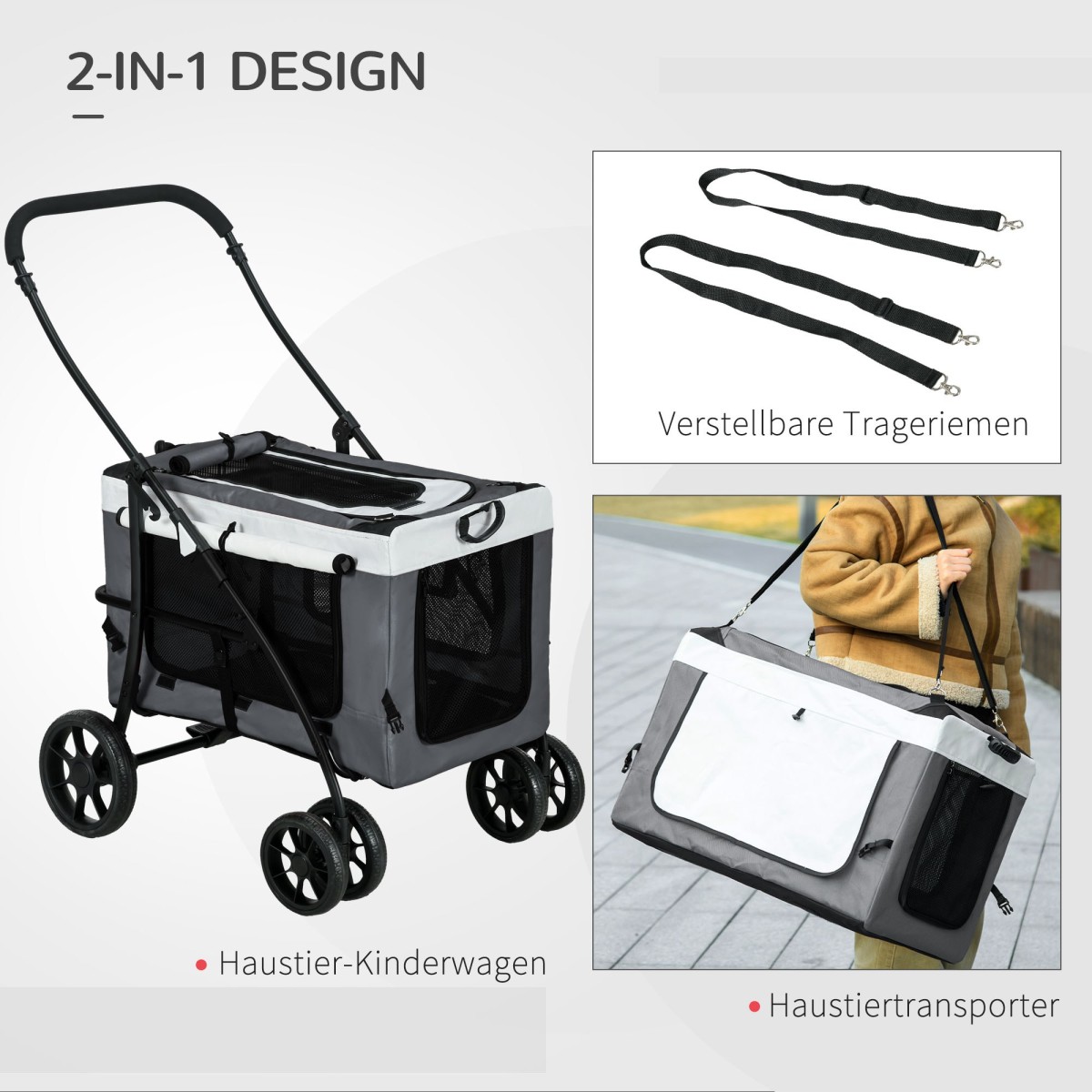 Buggy για σκύλους κατοικίδιο ζώο καροτσάκι έως 10 κιλά πτυσσόμενο αποσπώμενο καλάθι 81 x 58 x 97,5 cm μαύρο + γκρι + λευκό