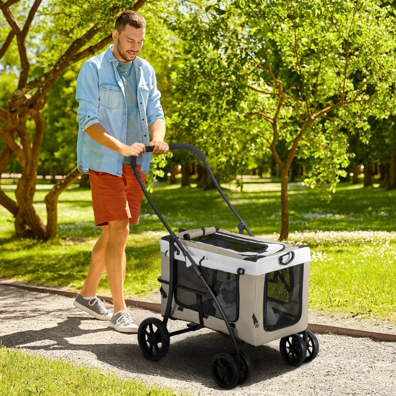 Dog Buggy Pet Καροτσάκι σκύλου με πτυσσόμενο αφαιρούμενο καλάθι 81 x 58 x 97,5 cm Μαύρο+Χακί+Λευκό