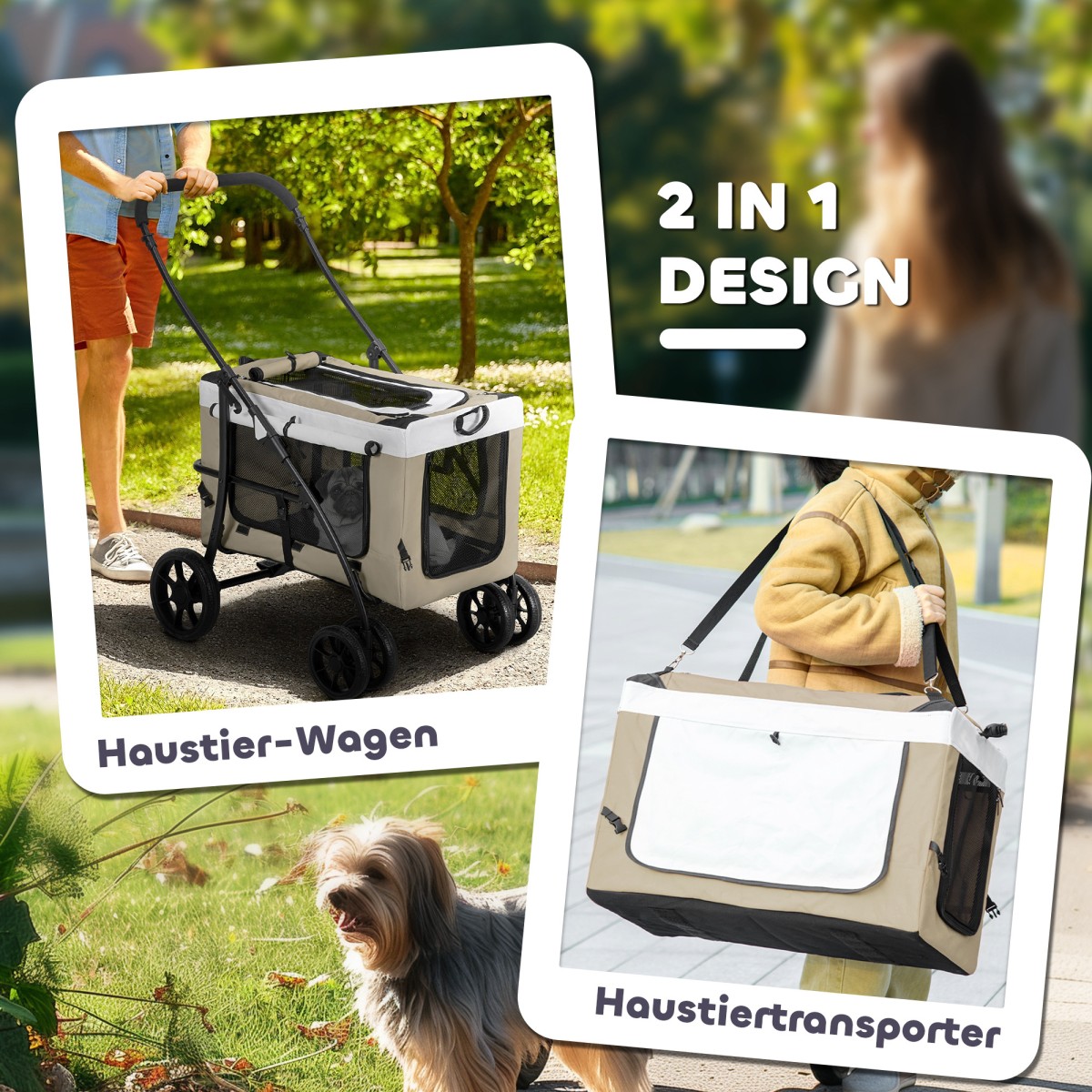 Dog Buggy Pet Καροτσάκι σκύλου με πτυσσόμενο αφαιρούμενο καλάθι 81 x 58 x 97,5 cm Μαύρο+Χακί+Λευκό