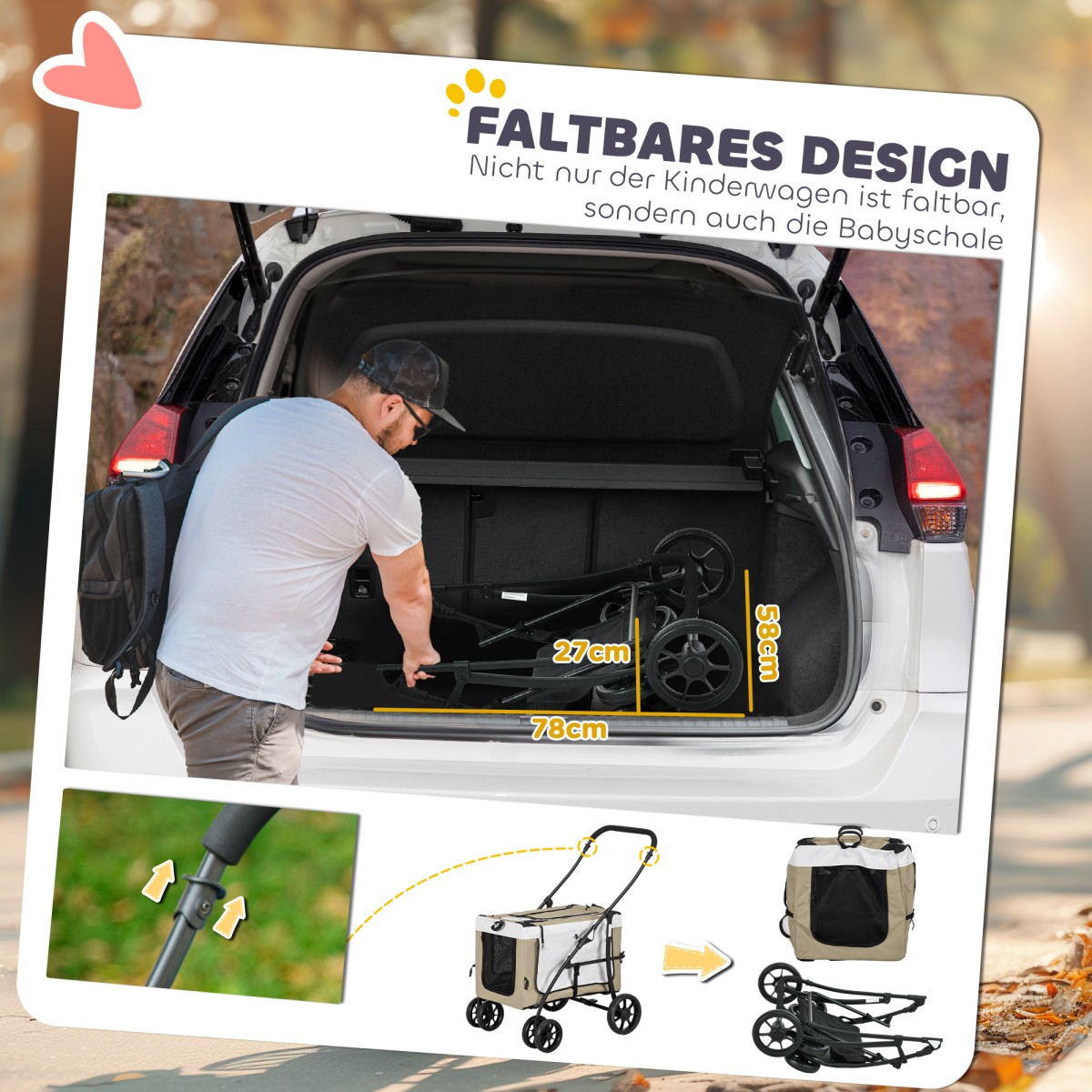 Dog Buggy Pet Καροτσάκι σκύλου με πτυσσόμενο αφαιρούμενο καλάθι 81 x 58 x 97,5 cm Μαύρο+Χακί+Λευκό
