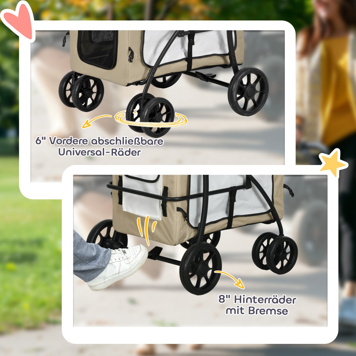 Dog Buggy Pet Καροτσάκι σκύλου με πτυσσόμενο αφαιρούμενο καλάθι 81 x 58 x 97,5 cm Μαύρο+Χακί+Λευκό