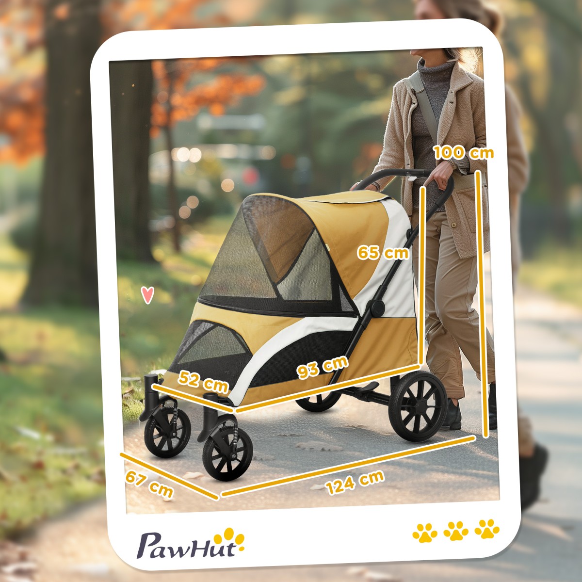 Καρότσι σκύλου, Πτυσσόμενο καρότσι σκύλου για μεσαίου μεγέθους σκύλους, καρότσι κατοικίδιων ζώων με 4 ρόδες, λουριά ασφαλείας, φρένα, καφέ