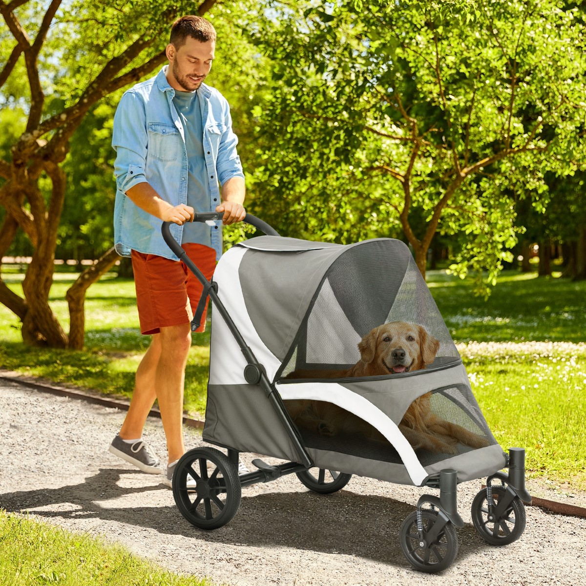 Καρότσι σκύλου, Πτυσσόμενο Buggy σκύλου για Μεσαίους σκύλους, Καροτσάκι κατοικίδιων ζώων με 4 ρόδες, Λουράκια ασφαλείας Φρένα Σκούρο Γκρι
