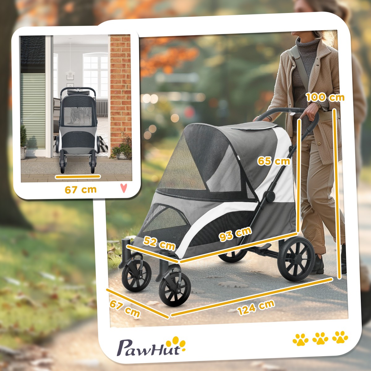 Καρότσι σκύλου, Πτυσσόμενο Buggy σκύλου για Μεσαίους σκύλους, Καροτσάκι κατοικίδιων ζώων με 4 ρόδες, Λουράκια ασφαλείας Φρένα Σκούρο Γκρι