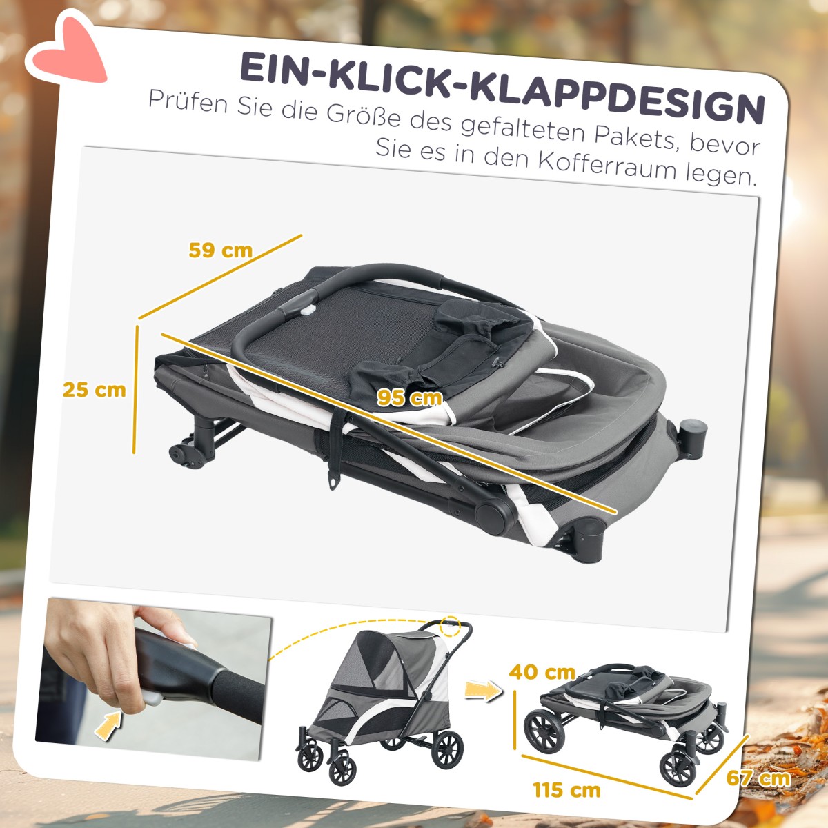 Καρότσι σκύλου, Πτυσσόμενο Buggy σκύλου για Μεσαίους σκύλους, Καροτσάκι κατοικίδιων ζώων με 4 ρόδες, Λουράκια ασφαλείας Φρένα Σκούρο Γκρι
