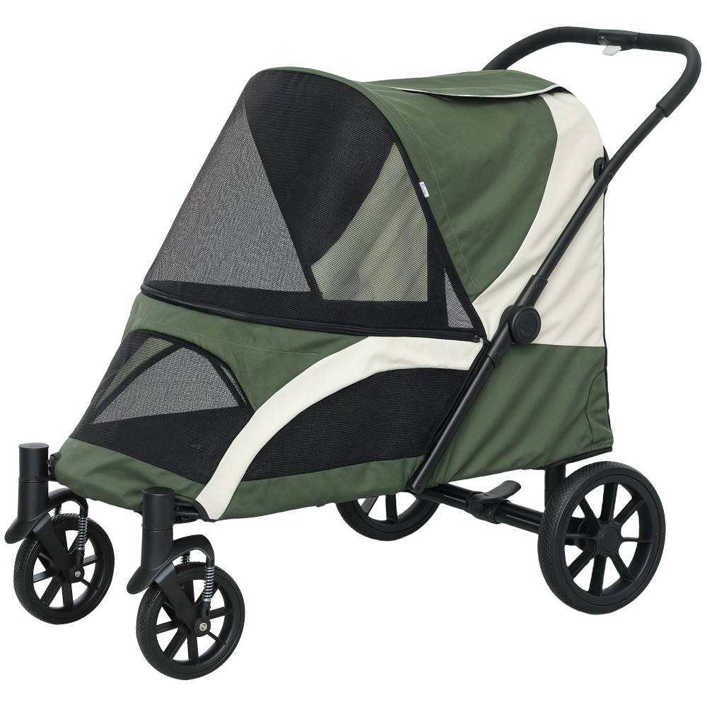 Καρότσι σκύλου, Πτυσσόμενο Dog Buggy για μεσαίου μεγέθους σκύλους, καροτσάκι κατοικίδιων ζώων με 4 ρόδες, λουριά ασφαλείας Φρένα σκούρο πράσινο