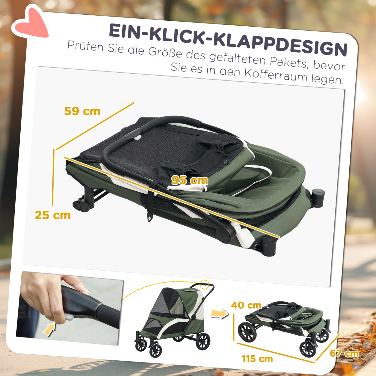 Καρότσι σκύλου, Πτυσσόμενο Dog Buggy για μεσαίου μεγέθους σκύλους, καροτσάκι κατοικίδιων ζώων με 4 ρόδες, λουριά ασφαλείας Φρένα σκούρο πράσινο