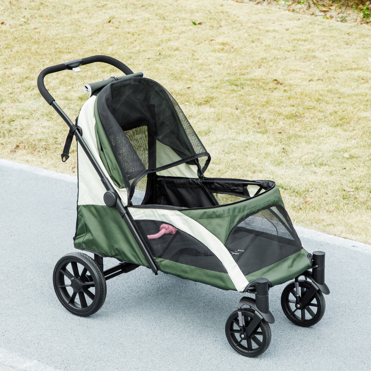 Καρότσι σκύλου, Πτυσσόμενο Dog Buggy για μεσαίου μεγέθους σκύλους, καροτσάκι κατοικίδιων ζώων με 4 ρόδες, λουριά ασφαλείας Φρένα σκούρο πράσινο