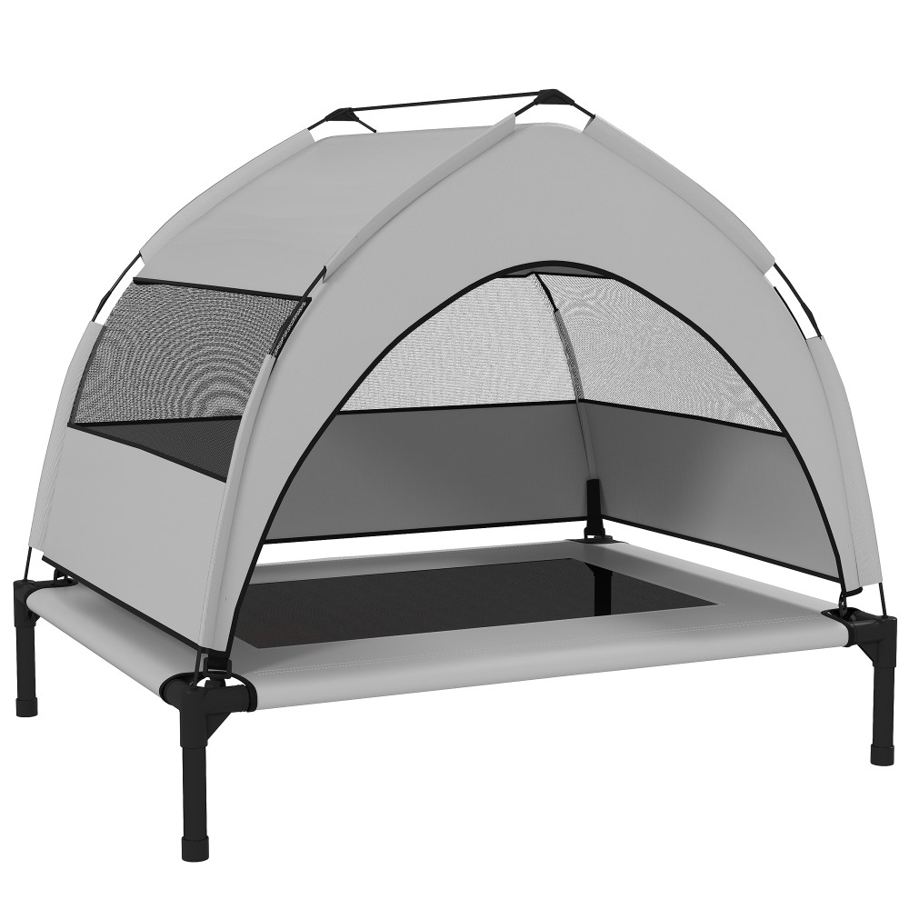 Ξαπλώστρα σκύλου εξωτερικού χώρου με οροφή, υπερυψωμένο κρεβάτι σκύλου για σκύλους μεσαίου μεγέθους, με ατσάλινο πλαίσιο, 76x61x70cm, ανοιχτό γκρι