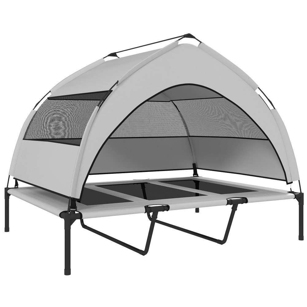 Ξαπλώστρα σκύλου εξωτερικού χώρου με οροφή, υπερυψωμένο κρεβάτι σκύλου για πολύ μεγάλα σκυλιά, με ατσάλινο πλαίσιο, 122x92x94cm, ανοιχτό γκρι