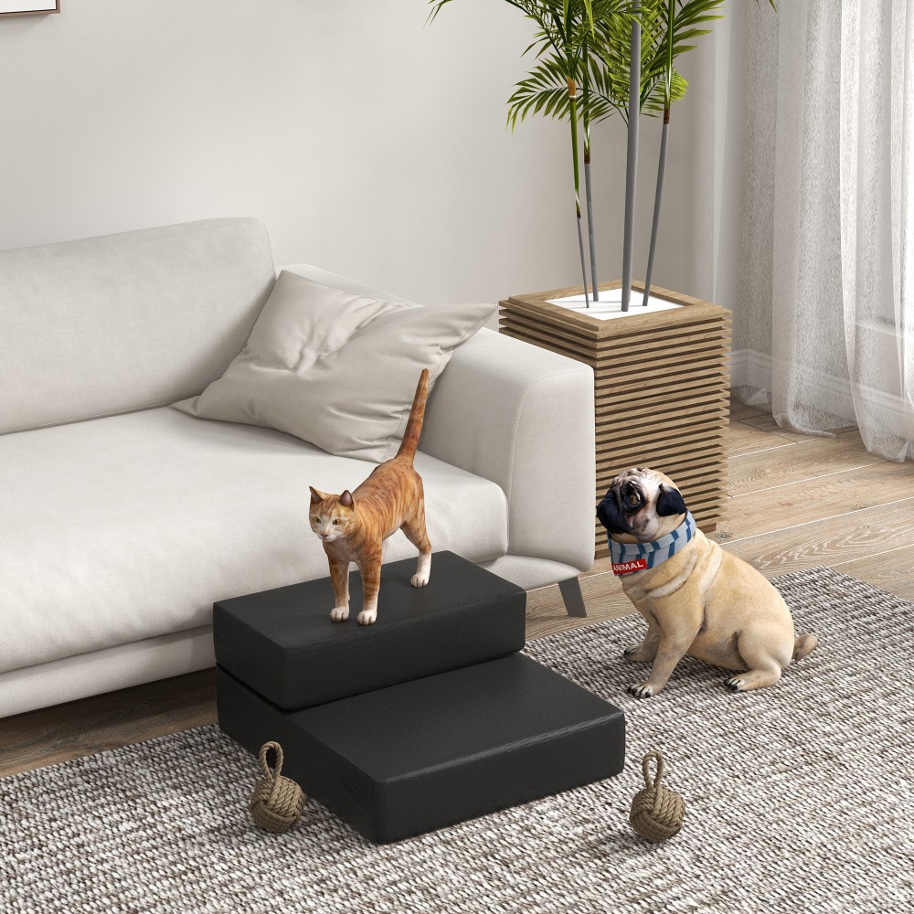 PawHut Σκάλας Κατοικιδίων 2 Σκαλοπάτια Αναδιπλούμενη Σκάλα Σκύλου Σκάλας Υπόστρωμα για Γάτες και Σκύλους Μαύρο Μ45 x Π39 x Υ20 εκ