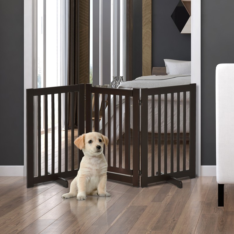 Ρυθμιζόμενη προστατευτική πύλη Dog Barrier Freestanding with Feed 155 x 76 cm Ξύλινη Πύλη Dog Πτυσσόμενη Πύλη Σκάλας για Σκάλες, Πόρτες, Κουζίνα, Διάδρομος, 3 Πάνελ, Σκούρο Καφέ