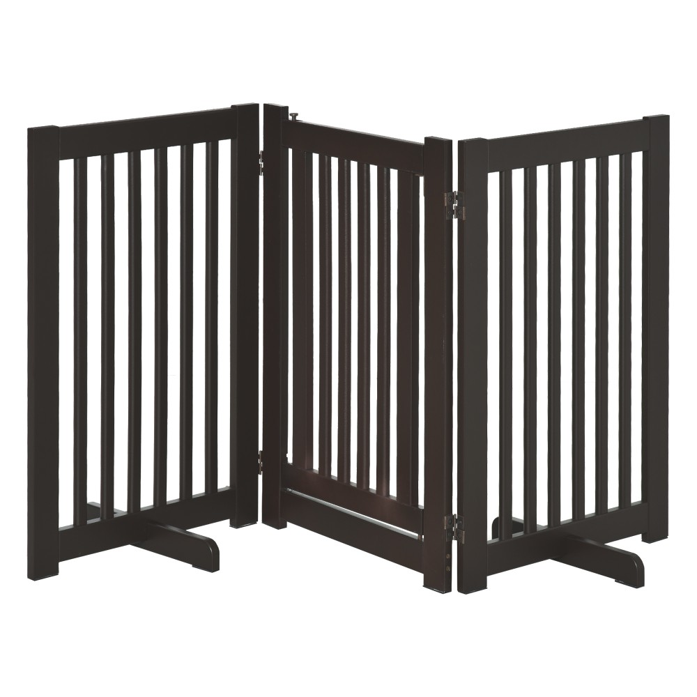 Ρυθμιζόμενη προστατευτική πύλη Dog Barrier Freestanding with Feed 155 x 76 cm Ξύλινη Πύλη Dog Πτυσσόμενη Πύλη Σκάλας για Σκάλες, Πόρτες, Κουζίνα, Διάδρομος, 3 Πάνελ, Σκούρο Καφέ