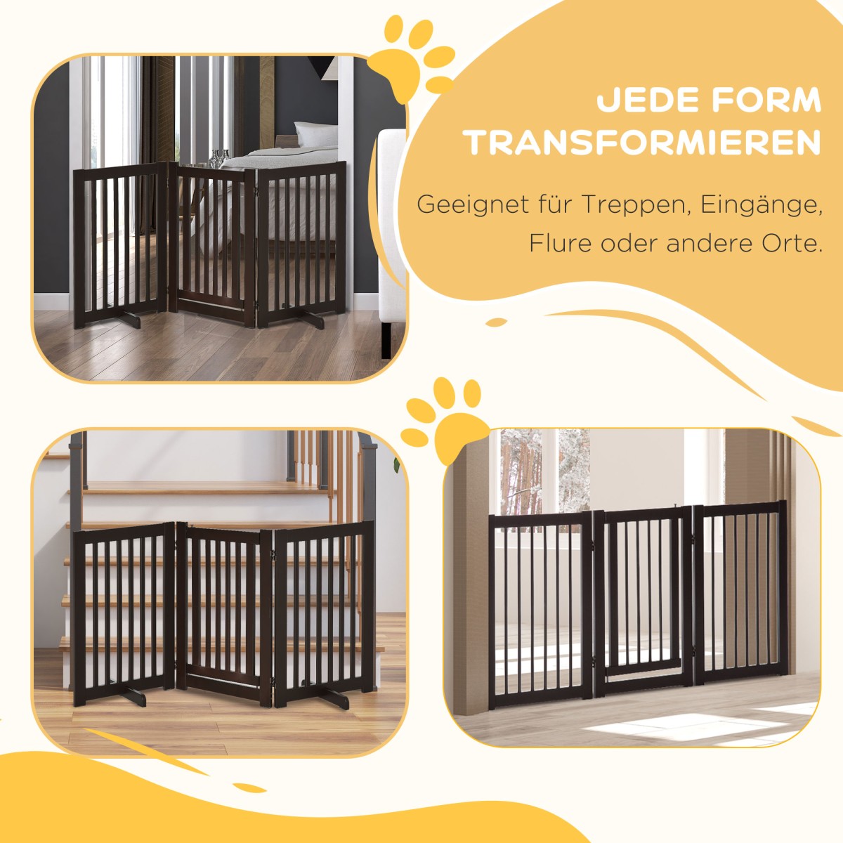 Ρυθμιζόμενη προστατευτική πύλη Dog Barrier Freestanding with Feed 155 x 76 cm Ξύλινη Πύλη Dog Πτυσσόμενη Πύλη Σκάλας για Σκάλες, Πόρτες, Κουζίνα, Διάδρομος, 3 Πάνελ, Σκούρο Καφέ