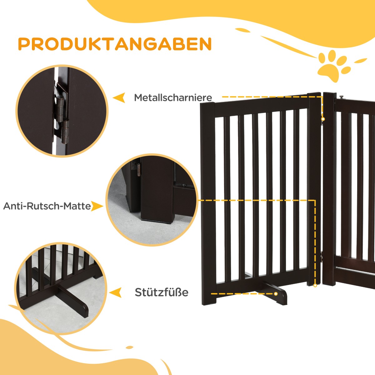 Ρυθμιζόμενη προστατευτική πύλη Dog Barrier Freestanding with Feed 155 x 76 cm Ξύλινη Πύλη Dog Πτυσσόμενη Πύλη Σκάλας για Σκάλες, Πόρτες, Κουζίνα, Διάδρομος, 3 Πάνελ, Σκούρο Καφέ