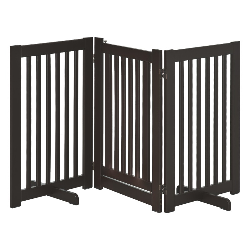 Ρυθμιζόμενη προστατευτική πύλη Dog Barrier Freestanding with Feed 155 x 76 cm Ξύλινη Πύλη Dog Πτυσσόμενη Πύλη Σκάλας για Σκάλες, Πόρτες, Κουζίνα, Διάδρομος, 3 Πάνελ, Σκούρο Καφέ