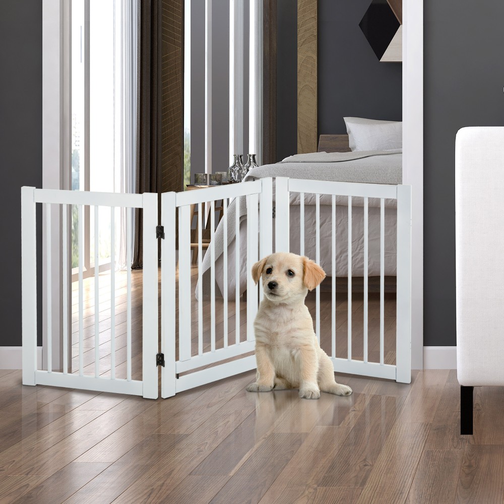 Dog Barrier Freestanding Ρυθμιζόμενη Προστατευτική Πύλη με Πόδια 155 x 76 cm Ξύλινη Πύλη Dog Πτυσσόμενη Πύλη Σκάλας για Σκάλες, Πόρτες, Κουζίνα, Διάδρομος, 3 Πάνελ, Λευκό