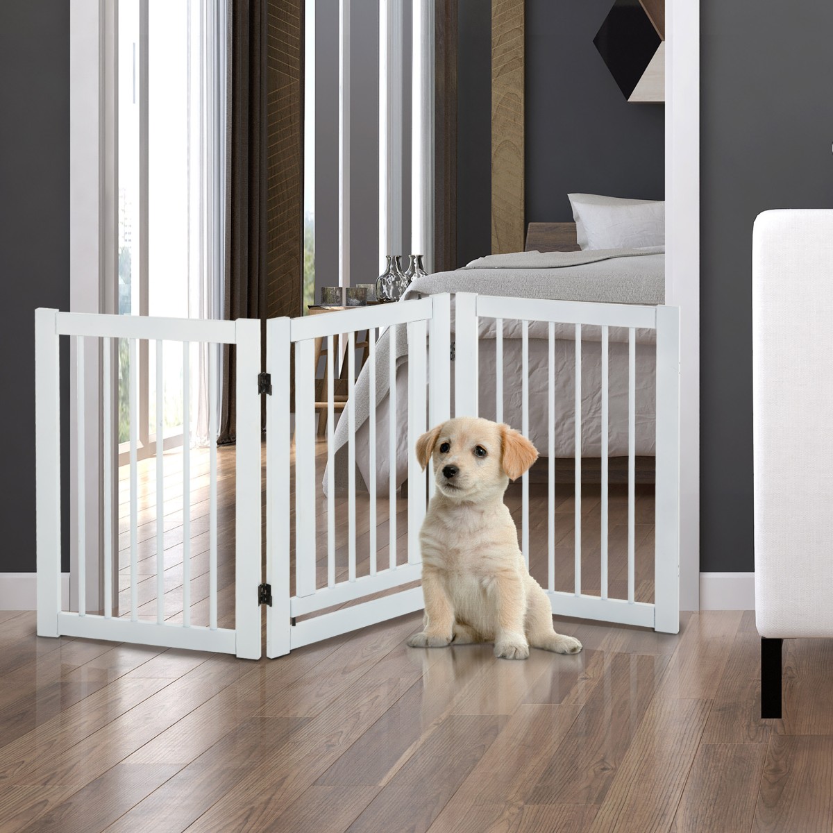 Dog Barrier Freestanding Ρυθμιζόμενη Προστατευτική Πύλη με Πόδια 155 x 76 cm Ξύλινη Πύλη Dog Πτυσσόμενη Πύλη Σκάλας για Σκάλες, Πόρτες, Κουζίνα, Διάδρομος, 3 Πάνελ, Λευκό