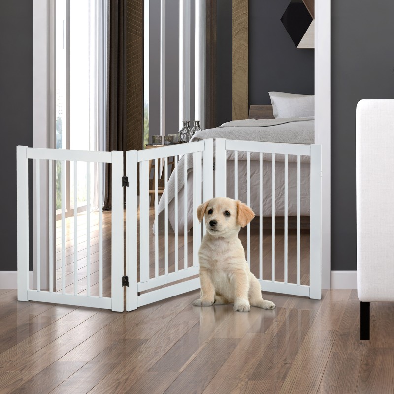 Dog Barrier Freestanding Ρυθμιζόμενη Προστατευτική Πύλη με Πόδια 155 x 76 cm Ξύλινη Πύλη Dog Πτυσσόμενη Πύλη Σκάλας για Σκάλες, Πόρτες, Κουζίνα, Διάδρομος, 3 Πάνελ, Λευκό